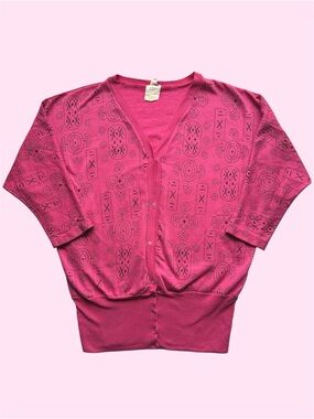 Vintage 90s Hallmark Batwing Abstract Geometric V Neck Cardigan Hot Pink Medium